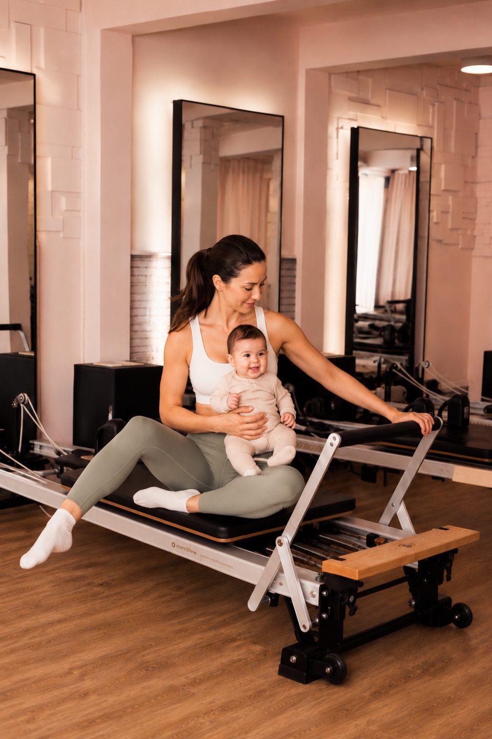 Mother with her baby in the studio during a postnatal Pilates class at Le Club Rosé