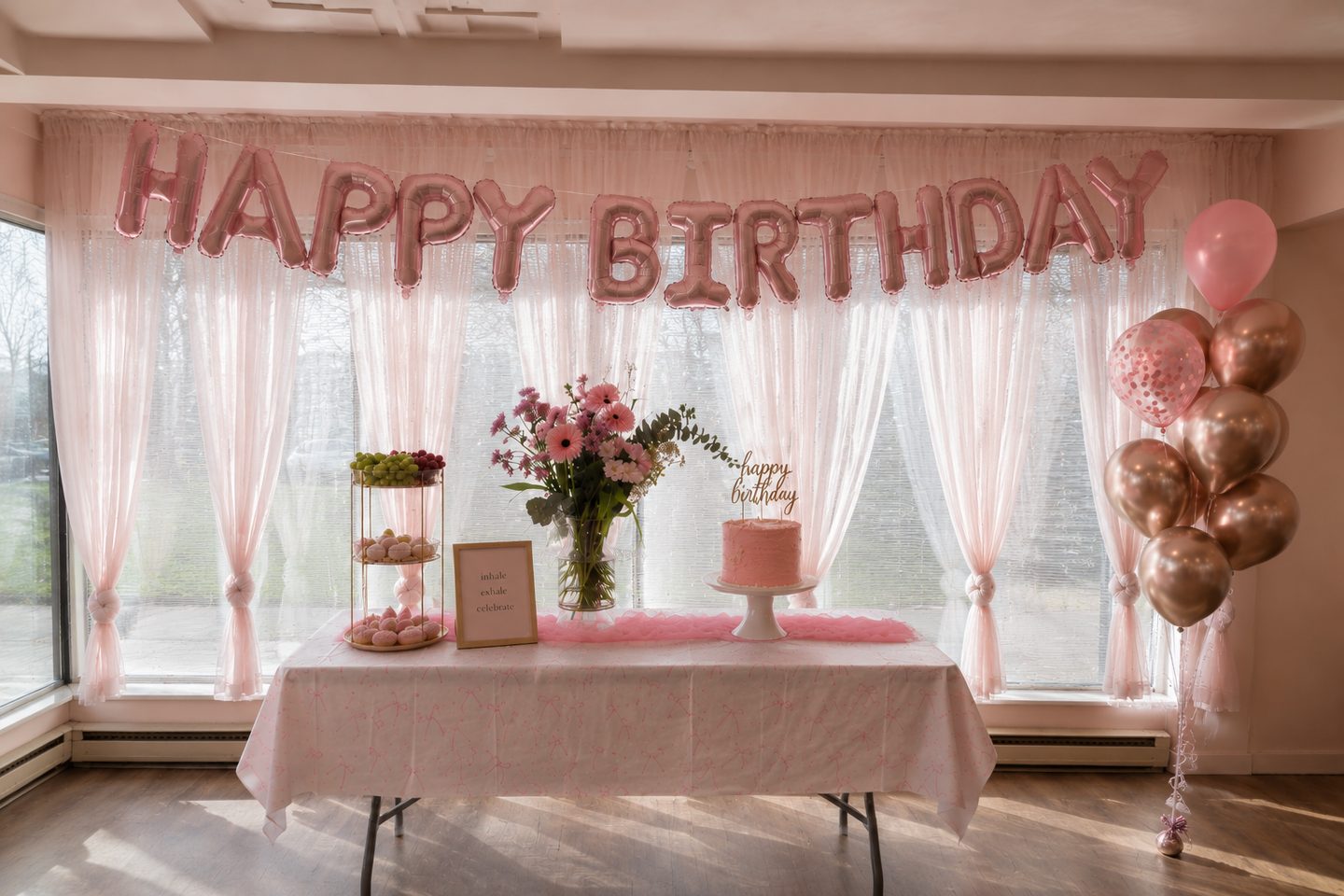 Pink birthday setup for a private event at Le Club Rosé